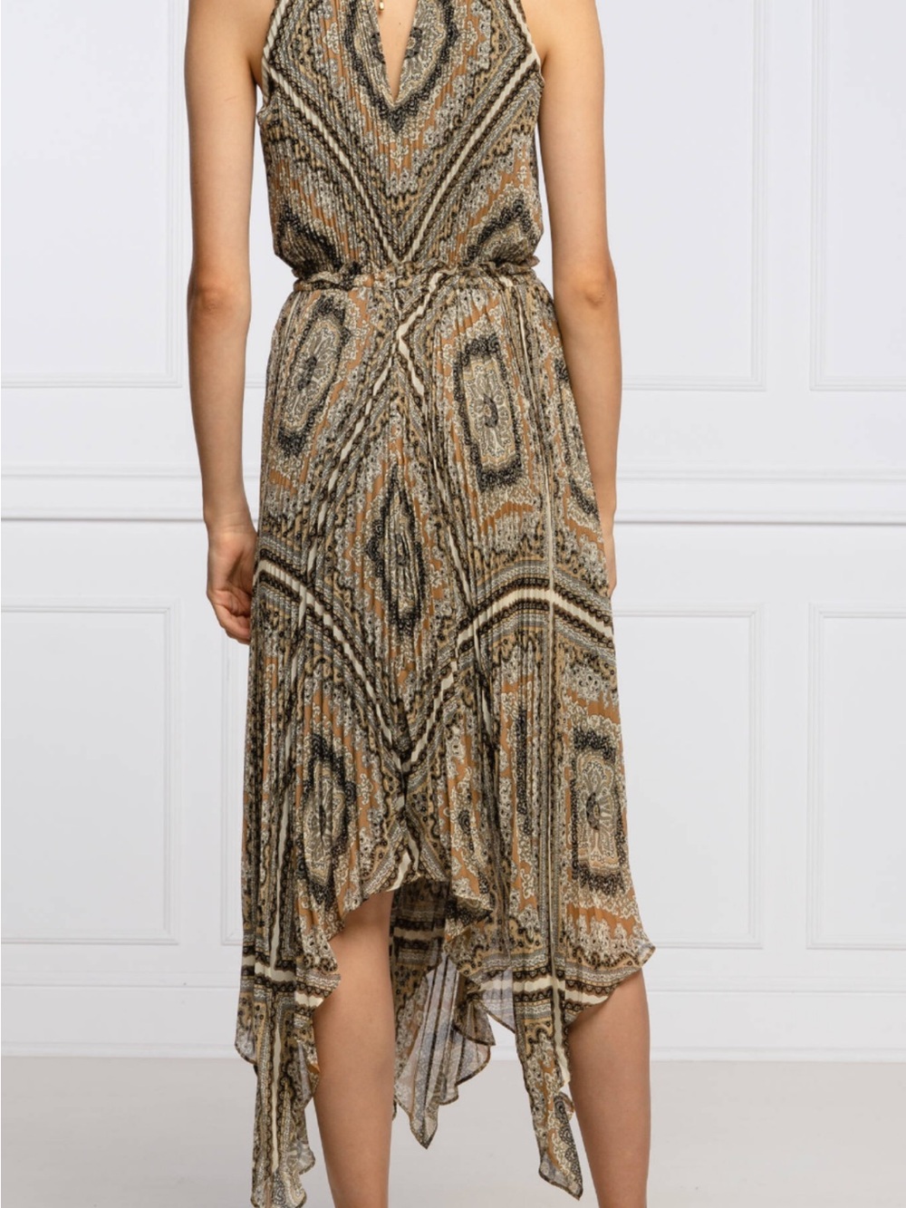 MICHAEL Michael Kors Tan, Black & Cream Halter High-Low Midi Dress